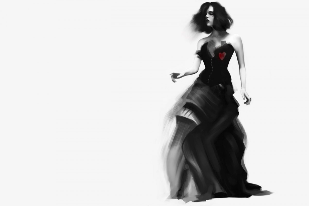 Красавица в черном платье показывает цветные рисунки на теле