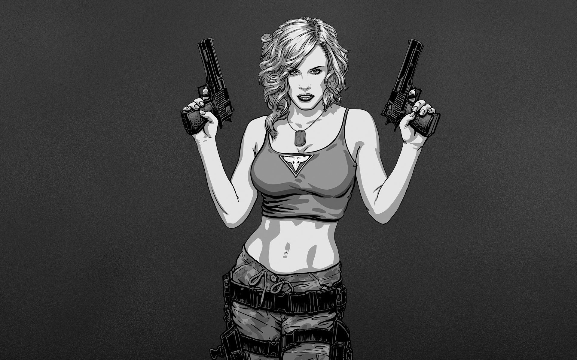 Меган Дэниэлс позирует с пистолетом и ружьем 