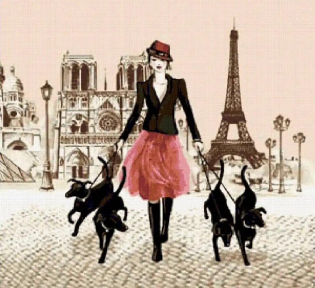 Вышивка крестом дама с собачкой в Париже