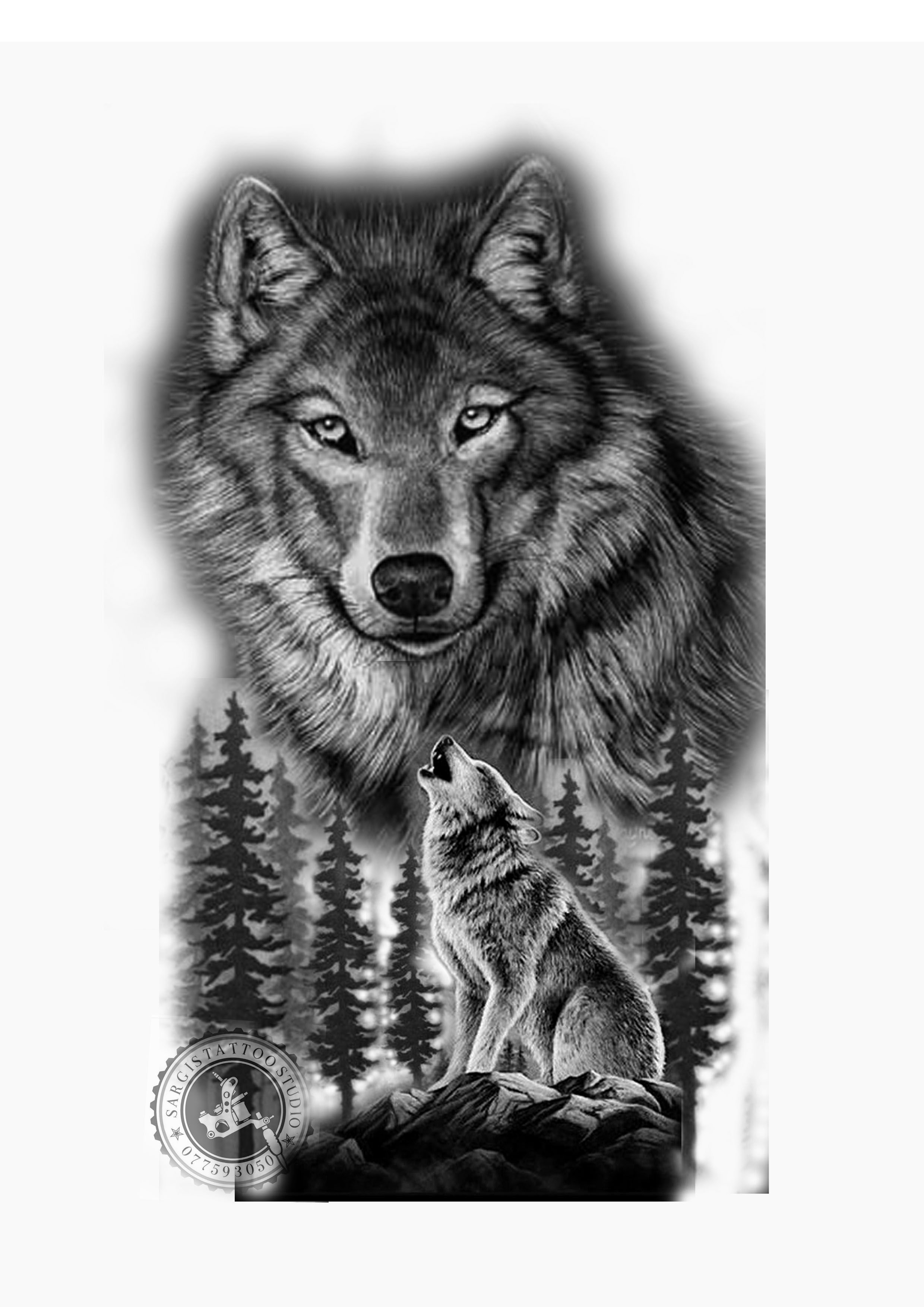 Татуировки с волками на фоне леса.
