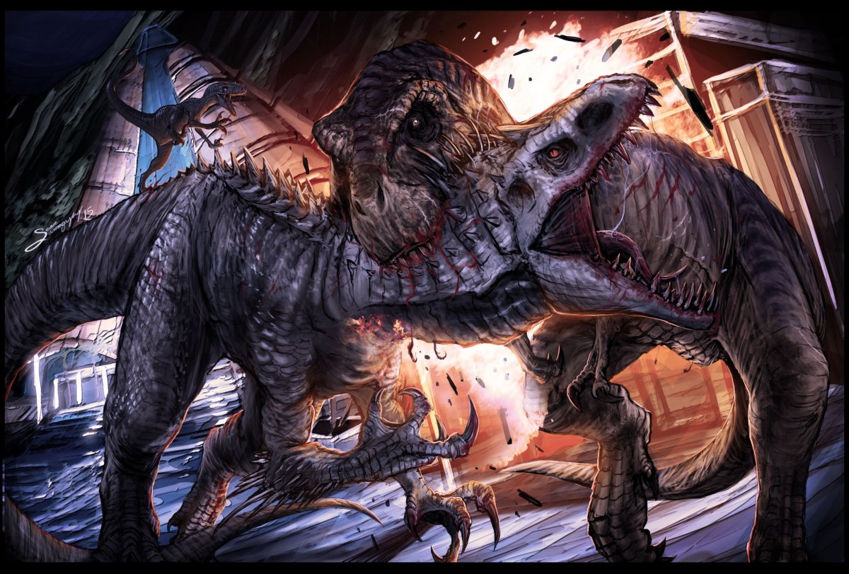 Тираннозавр рекс и Блю против Индоминуса Рекса мир Юрского периода.