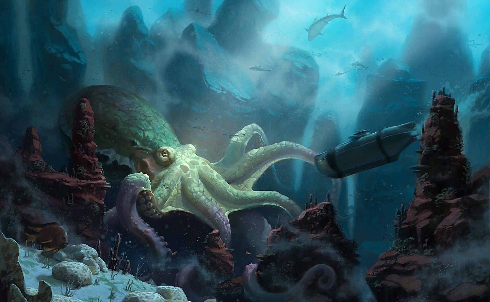 Игры вода монстру. 20000 Лье под водой. Конан Дойл про подводный мир. Картинки подводный мир фантастика.